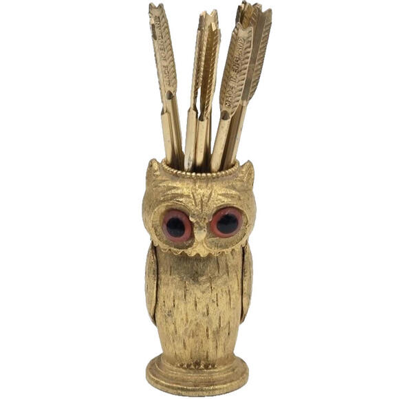 Vtg FLORENZA Gold Tone Owl ToothpickMatch Holder + 10 Metal Toothpicks Arrows